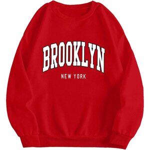 ⚡Women Red Brooklyn Imported Graphic Crewneck Long Sleeve Pullover Sweatshirt